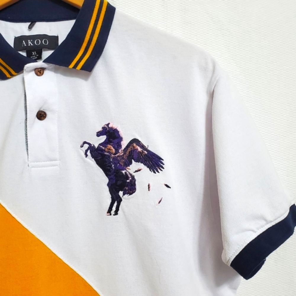 AKOO Cotton Pique White Pegasus Embroidered Polo Shirt Mens XL - Picture 4 of 8